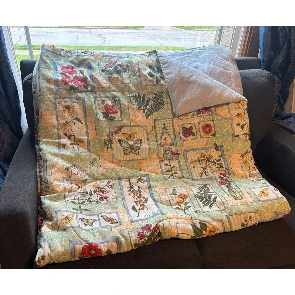dan river comforter rare cottagecore gardening floral bird queen blanket vintage